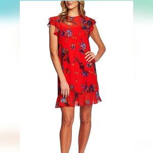 CeCe Womens Ruffled Floral Mini Dress Red XS